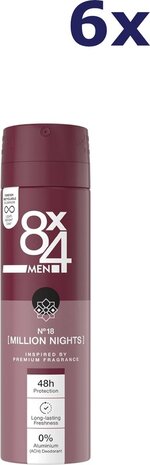 8x4 8 x 4 Deospray Men - No.18 Millions Nights 150 ml. 6 x Voordeelpak