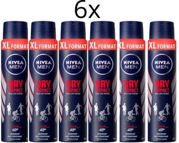 Nivea Nivea Deospray Men - Dry Impact 250 ml - 6x Voordeelpak voor langdurige frisheid Nivea Nivea Deospray Men - Dry Impact 250 ml - 6x Voordeelpak voor langdurige frisheid