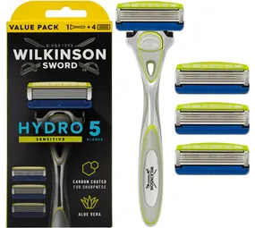 Wilkinson Wilkinson Sword Hydro 5 Sensitive Scheerhouder + 4 scheermesjes Wilkinson Wilkinson Sword Hydro 5 Sensitive Scheerhouder + 4 scheermesjes