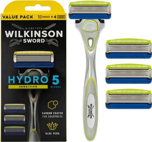 Wilkinson Wilkinson Sword Hydro 5 Sensitive Scheerhouder + 4 scheermesjes Wilkinson Wilkinson Sword Hydro 5 Sensitive Scheerhouder + 4 scheermesjes