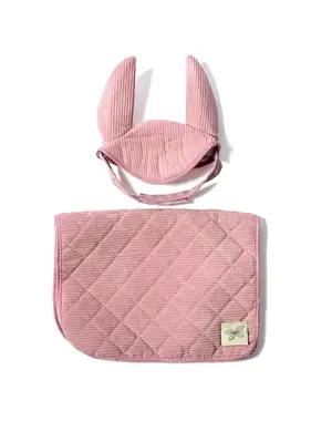 Zadeldekje en Mutsje corduroy roze voor stokpaard