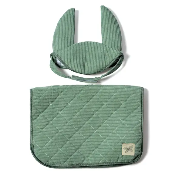 Zadeldekje en Mutsje corduroy groen voor Hobby Horse