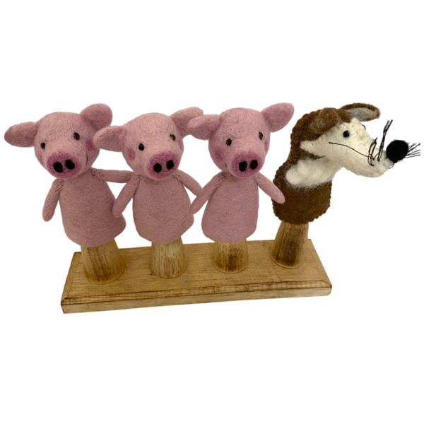 Papoose Toys Vingerpoppetjes van een wolf en 3 biggetjes (4 stuks) in doos
