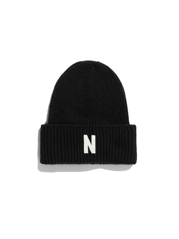 Norse Projects Merino Lambswool Rib N Logo Beanie Black