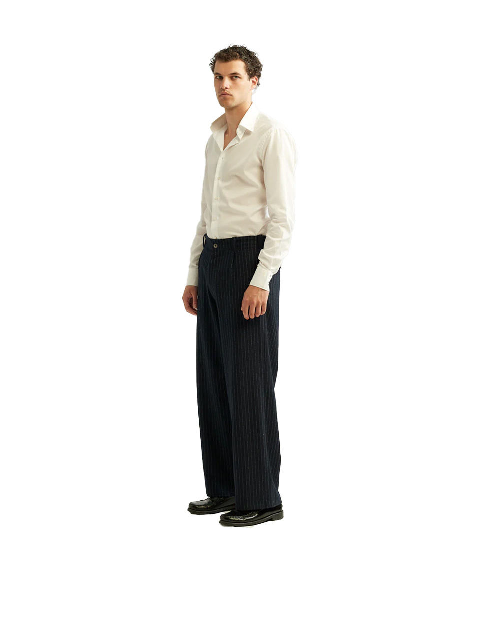 Ange Projects Pinstripe Wool Blend Trousers Navy