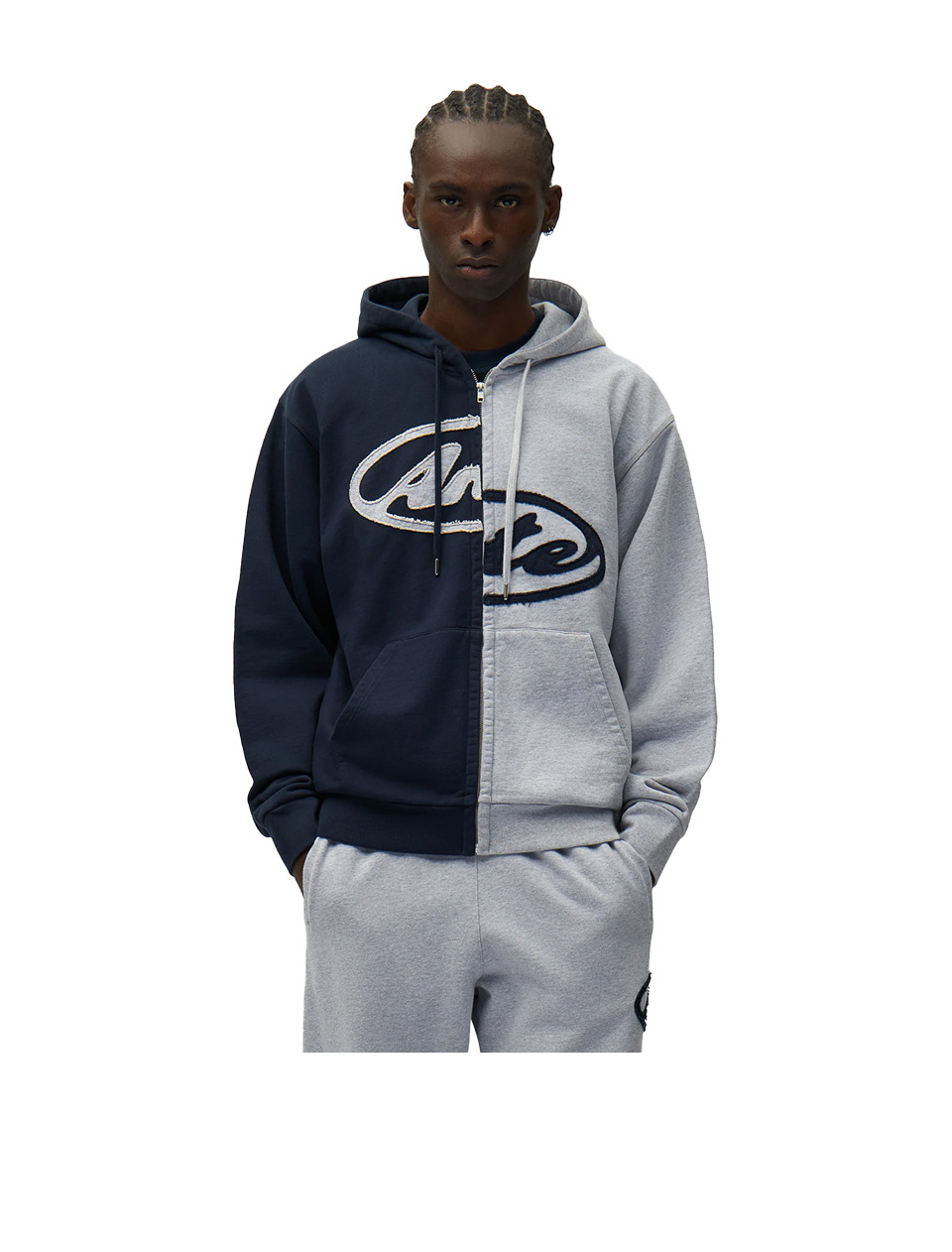 Arte Antwerp Split Patch Zip Hoodie Grey Navy