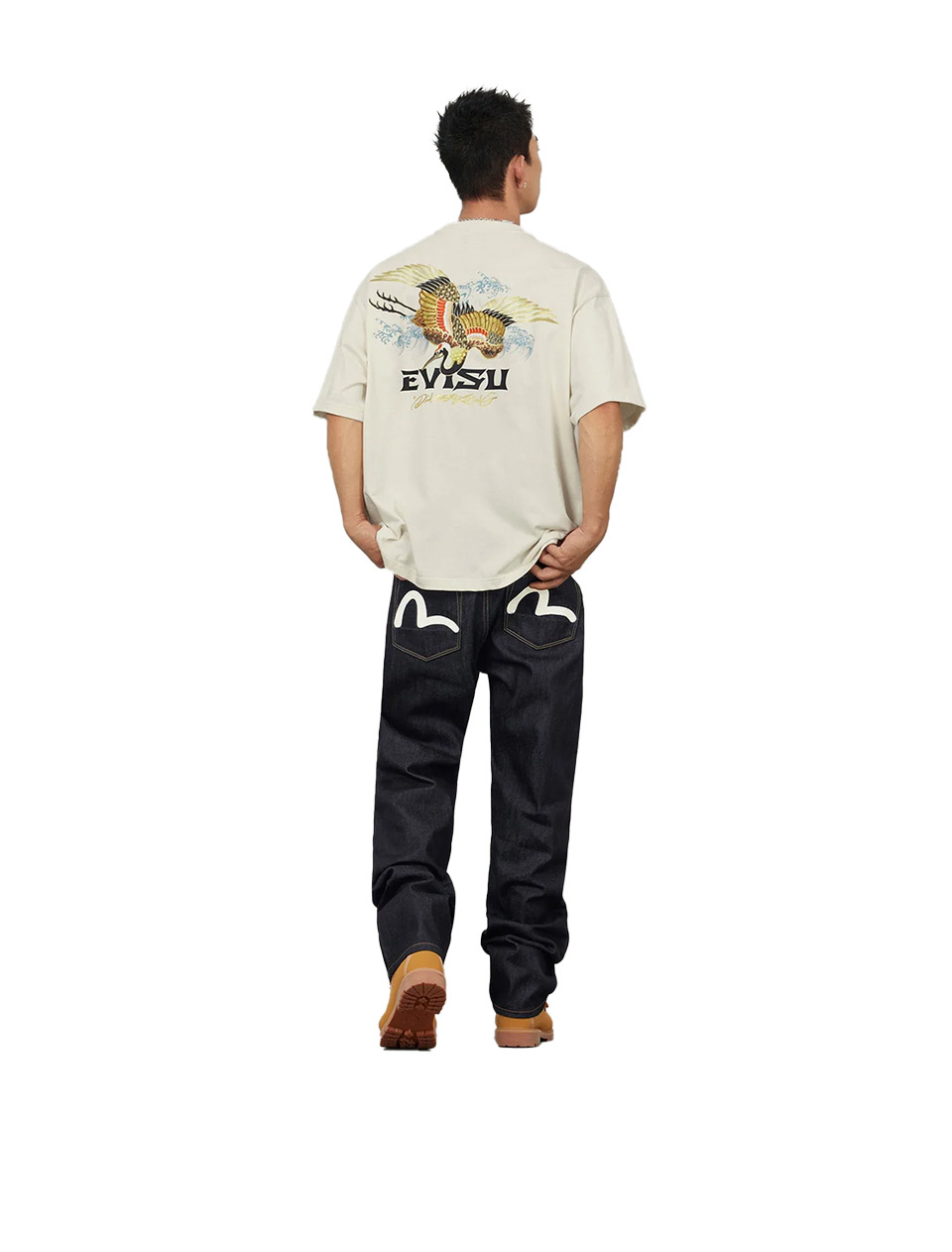 Evisu White Seagull Print Pockets Regular Fit Jeans