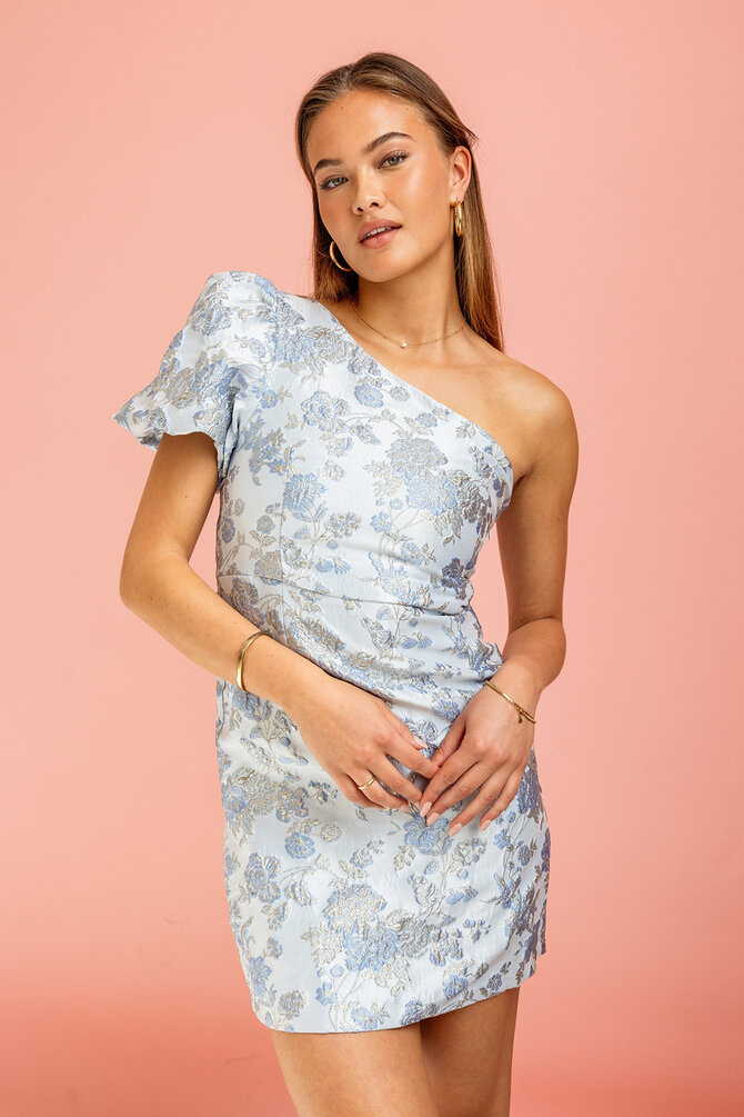 Bloemen One Shoulder Jurk - Blauw