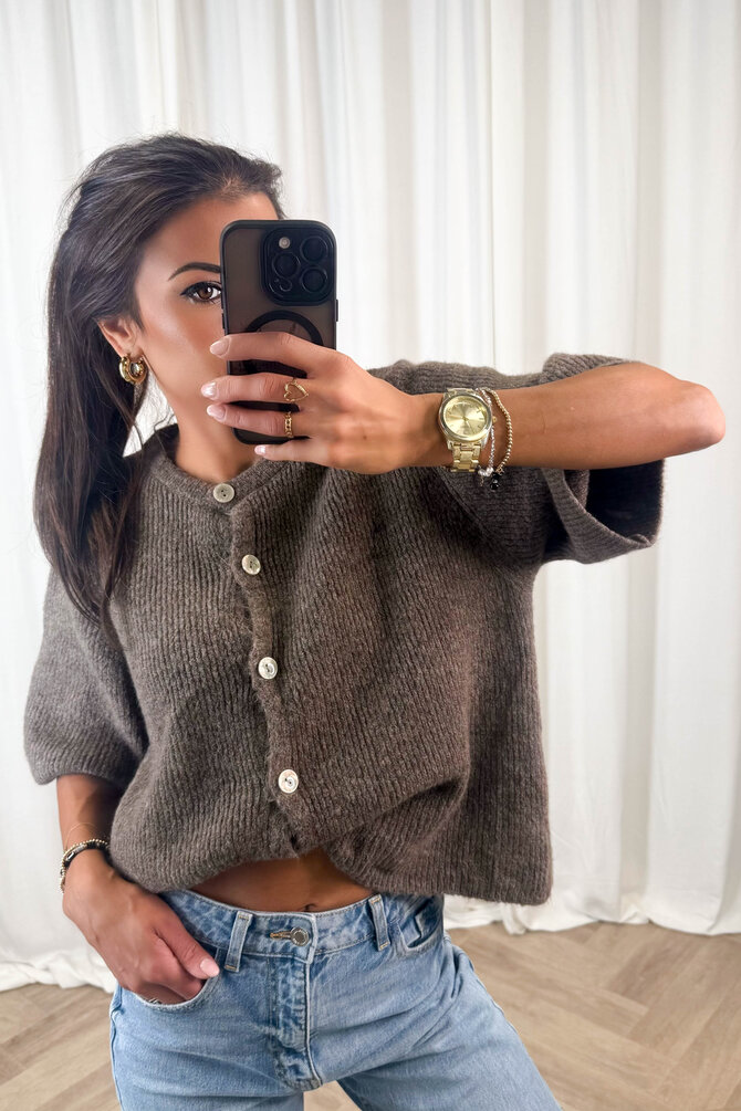Gebreide Knopen Top - Taupe