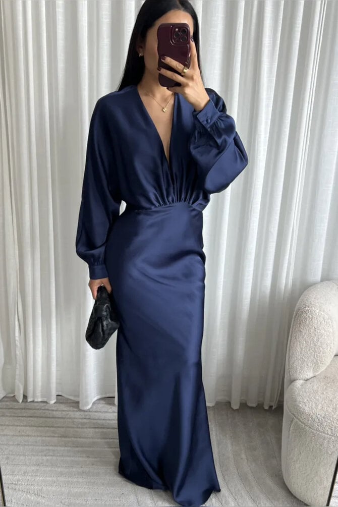 Lange Satijnen Maxi Jurk - Navy