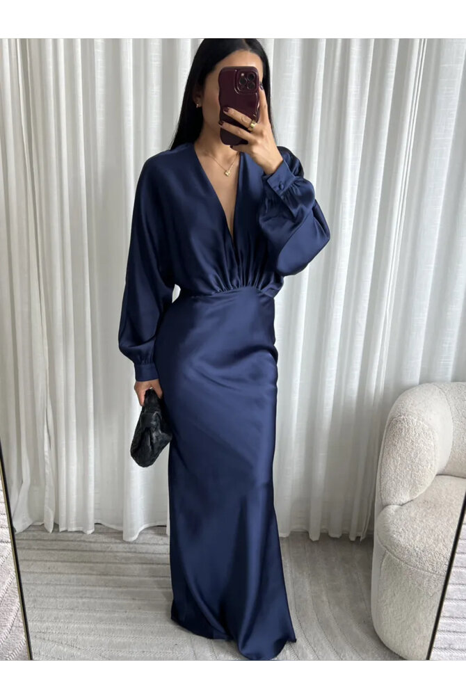 Lange Satijnen Maxi Jurk - Navy