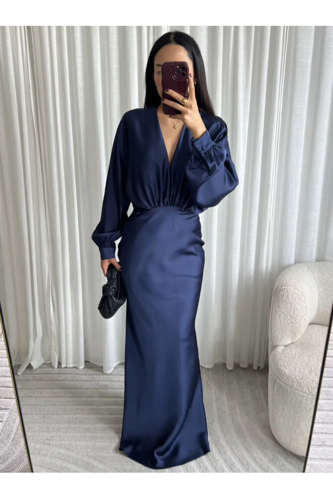 Lange Satijnen Maxi Jurk - Navy