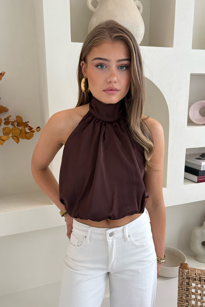 Satijnen Halter Crop Top - Bruin