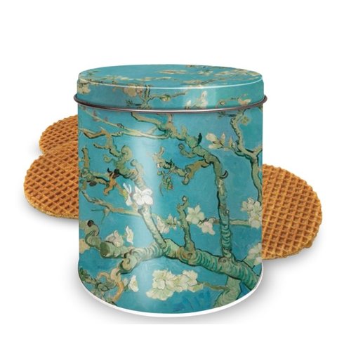 Blik met Amandelbloesem van Van Gogh met stroopwafels Blik met Amandelbloesem van Van Gogh met stroopwafels