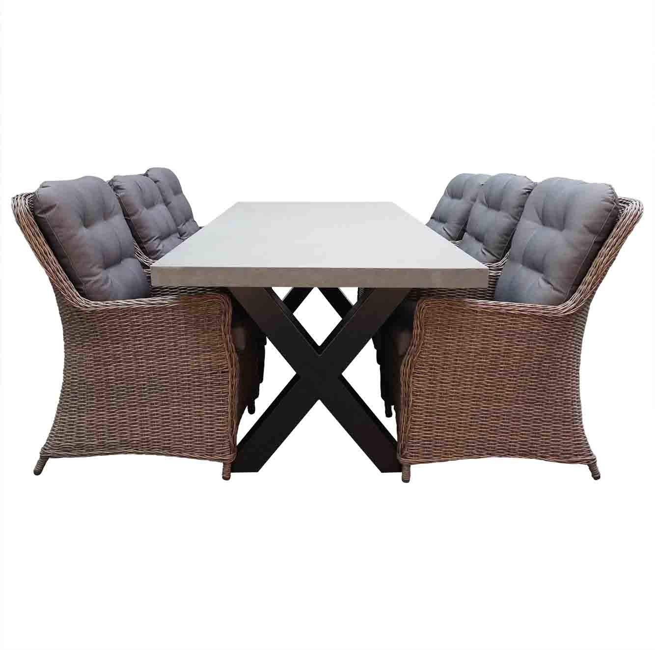 Lyon/Madrid Ash Grey dining tuinset | 6 personen | betonlook + wicker | 250cm