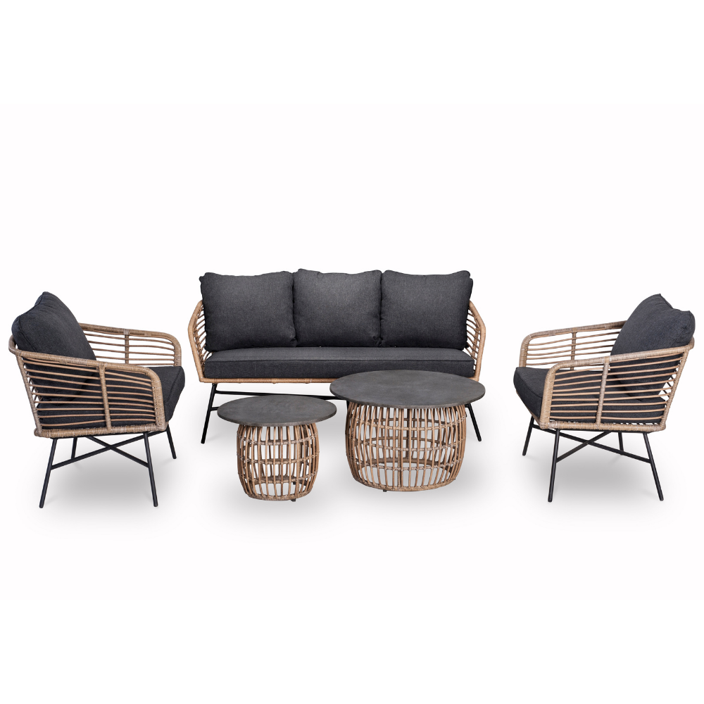 Flow stoel-bank loungeset 5 personen | wicker + betonlook | bamboo antraciet | 3-delig