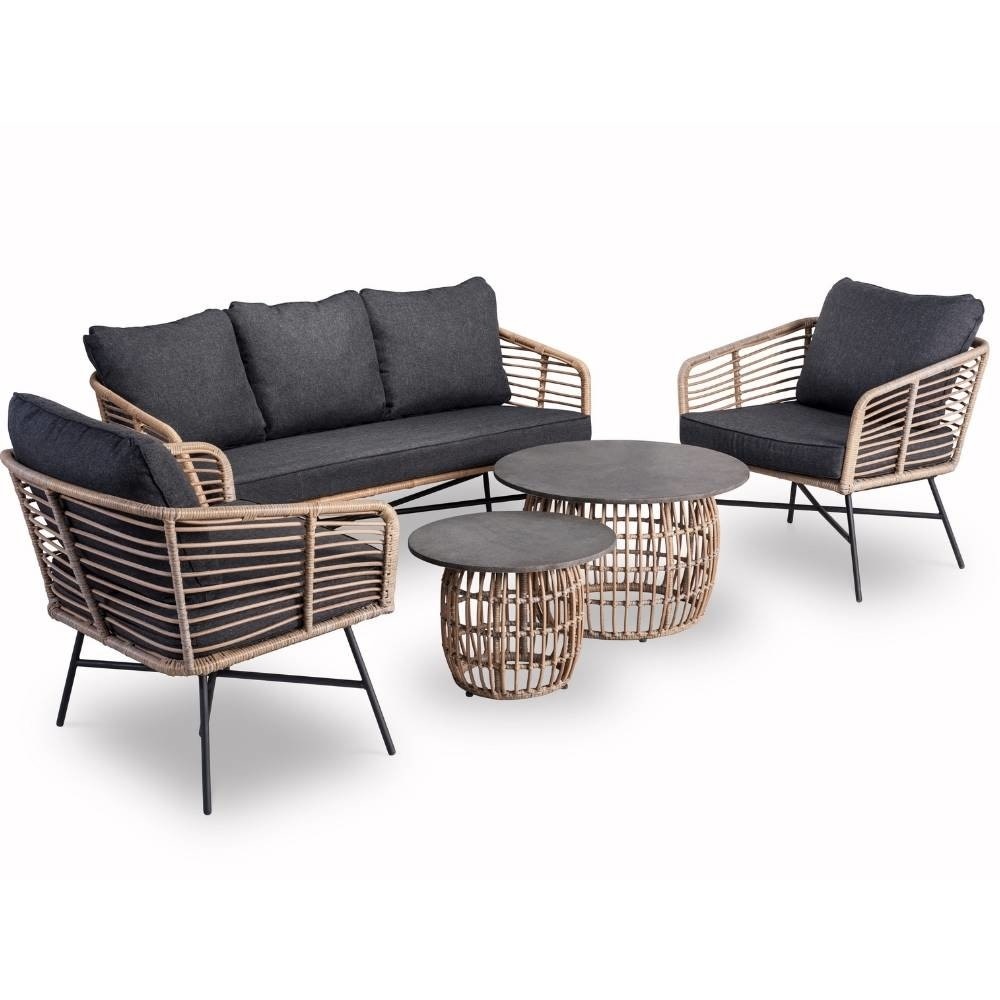 Flow stoel-bank loungeset 5 personen | wicker + betonlook | bamboo antraciet | 3-delig