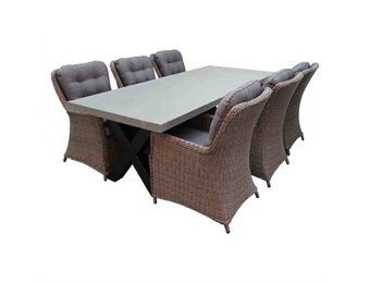 Lyon/Madrid Ash Grey dining tuinset | 6 personen | betonlook + wicker | 250cm