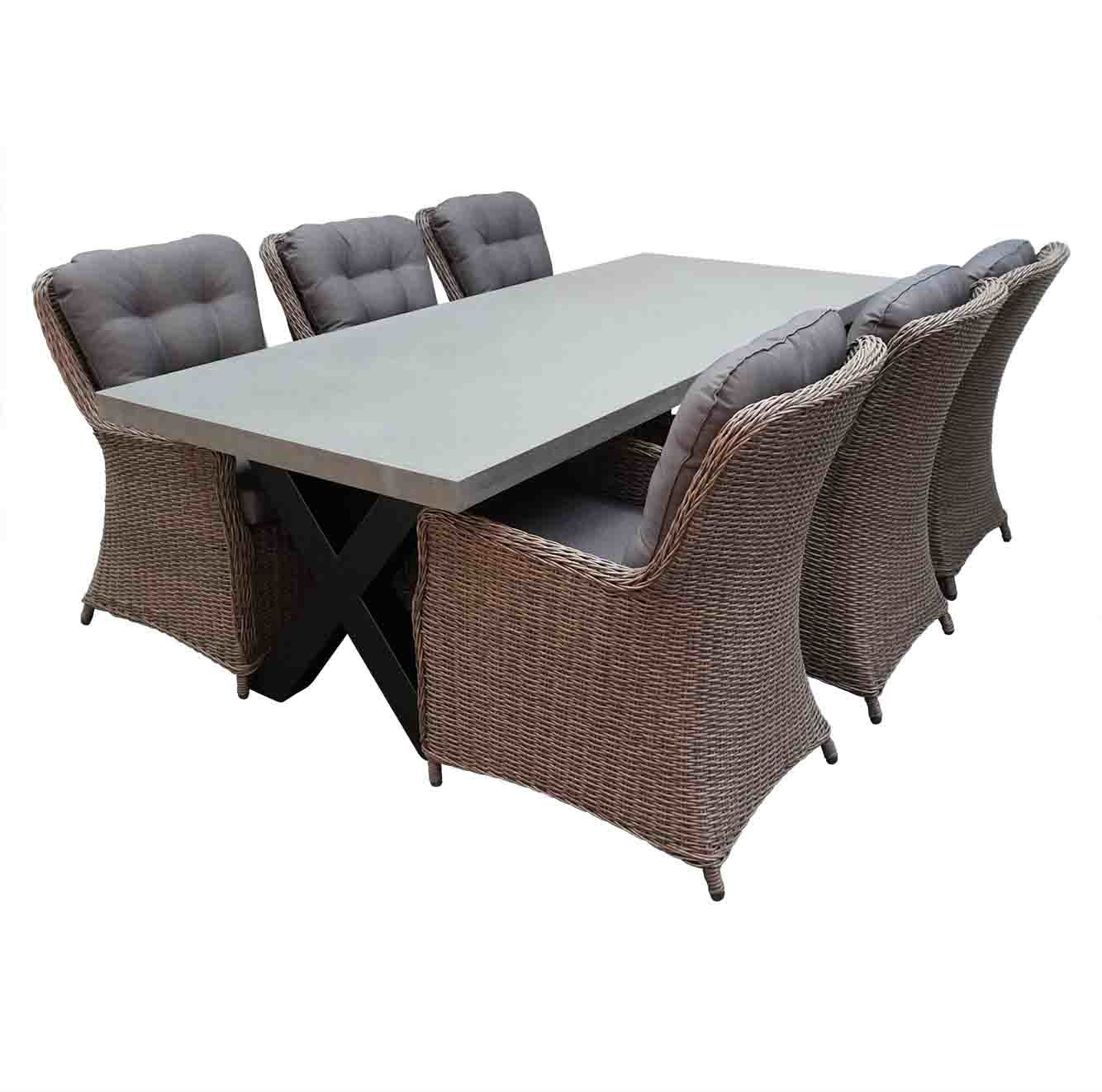 Lyon/Madrid Ash Grey dining tuinset | 6 personen | betonlook + wicker | 250cm
