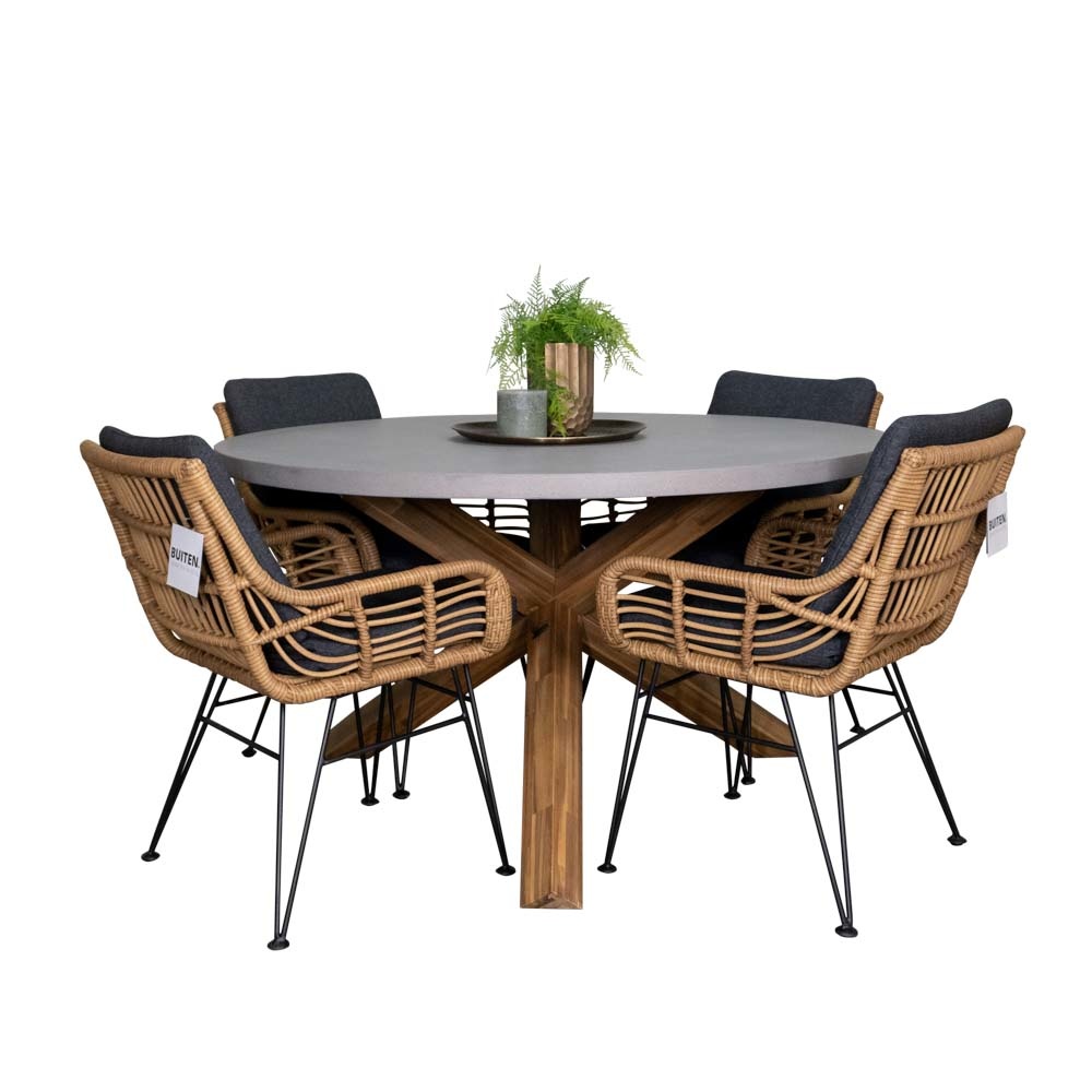 Nancy/Carlos dining tuinset | 4 personen | betonlook + wicker | 135cm rond