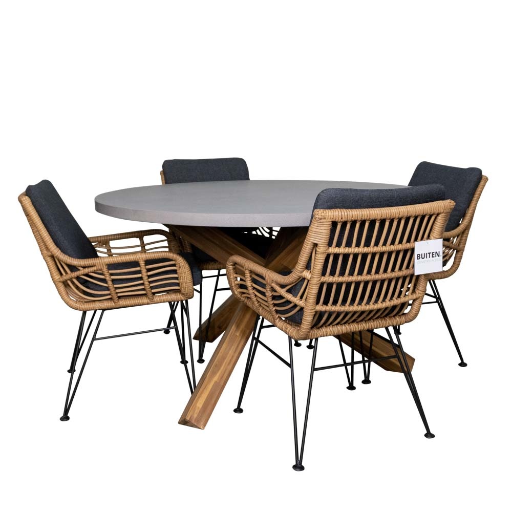 Nancy/Carlos dining tuinset | 4 personen | betonlook + wicker | 135cm rond