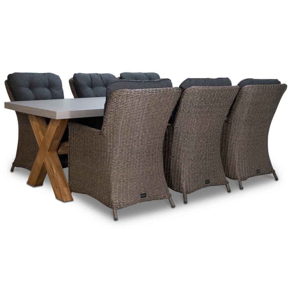 BUITEN living Norwich/Madrid Ash Grey dining tuinset | 6 personen | betonlook + wicker | 250cm – Taupe – Naturel – Bruin, Betonlook