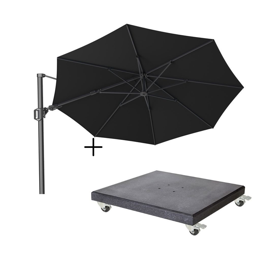 Challenger T² zweefparasol Ø350cm rond zwart + Premium Modena parasolvoet 90kg