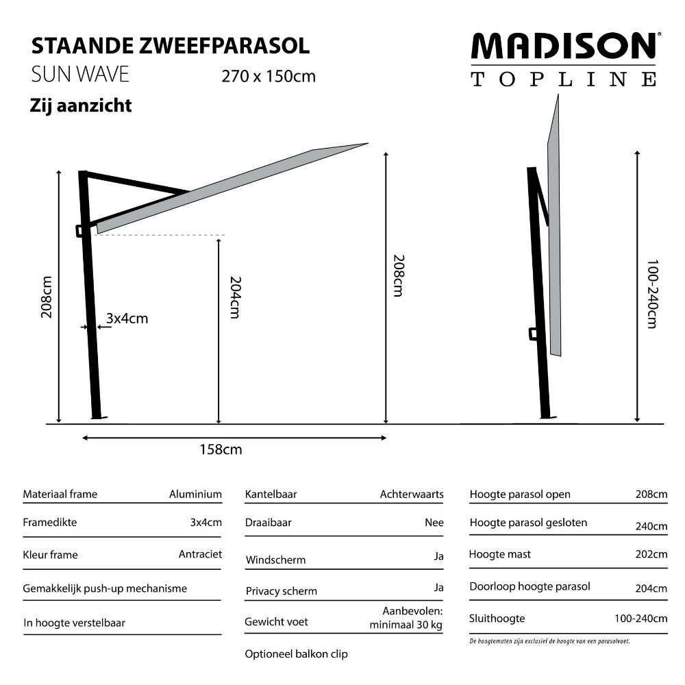 Sun Wave stokparasol 270x150cm | taupe
