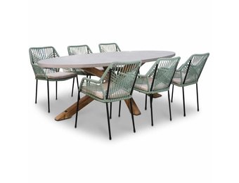 Livorno/Seville mint dining tuinset | 6 personen | betonlook + touw | 240cm