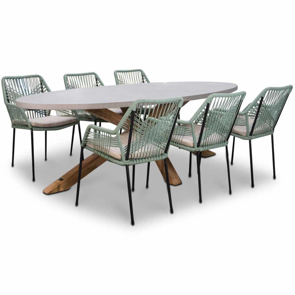 Livorno/Seville mint dining tuinset | 6 personen | betonlook + touw | 240cm