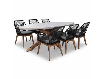 Livorno/Seville hout zwart dining tuinset | 6 personen | betonlook + touw | 240cm