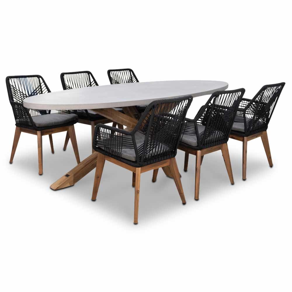 Livorno/Seville hout zwart dining tuinset | 6 personen | betonlook + touw | 240cm