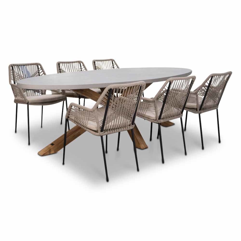 Livorno/Seville zand dining tuinset | 6 personen | betonlook + touw | 240cm afbeelding