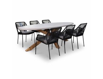 Livorno/Seville zwart dining tuinset | 6 personen | betonlook + touw | 240cm