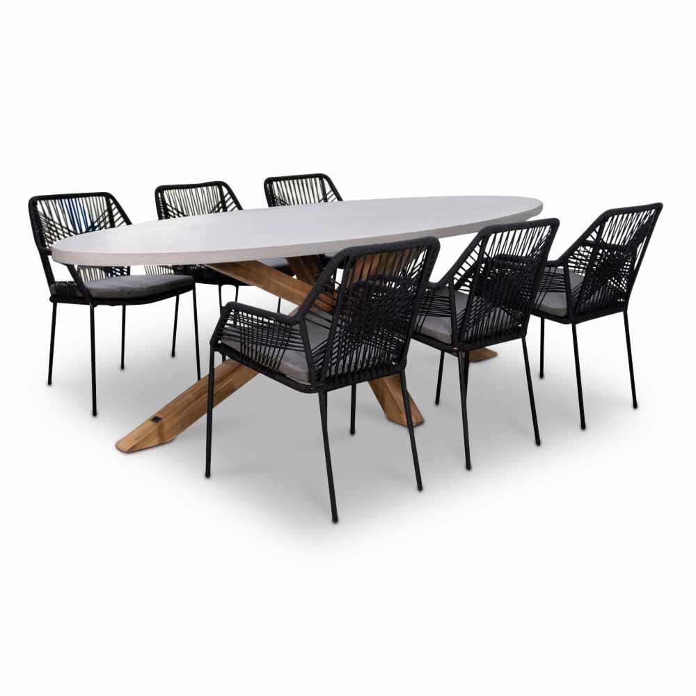 Livorno/Seville zwart dining tuinset | 6 personen | betonlook + touw | 240cm afbeelding