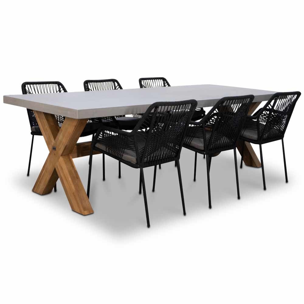 Norwich/Seville zwart dining tuinset | 6 personen | betonlook + touw | 250cm afbeelding