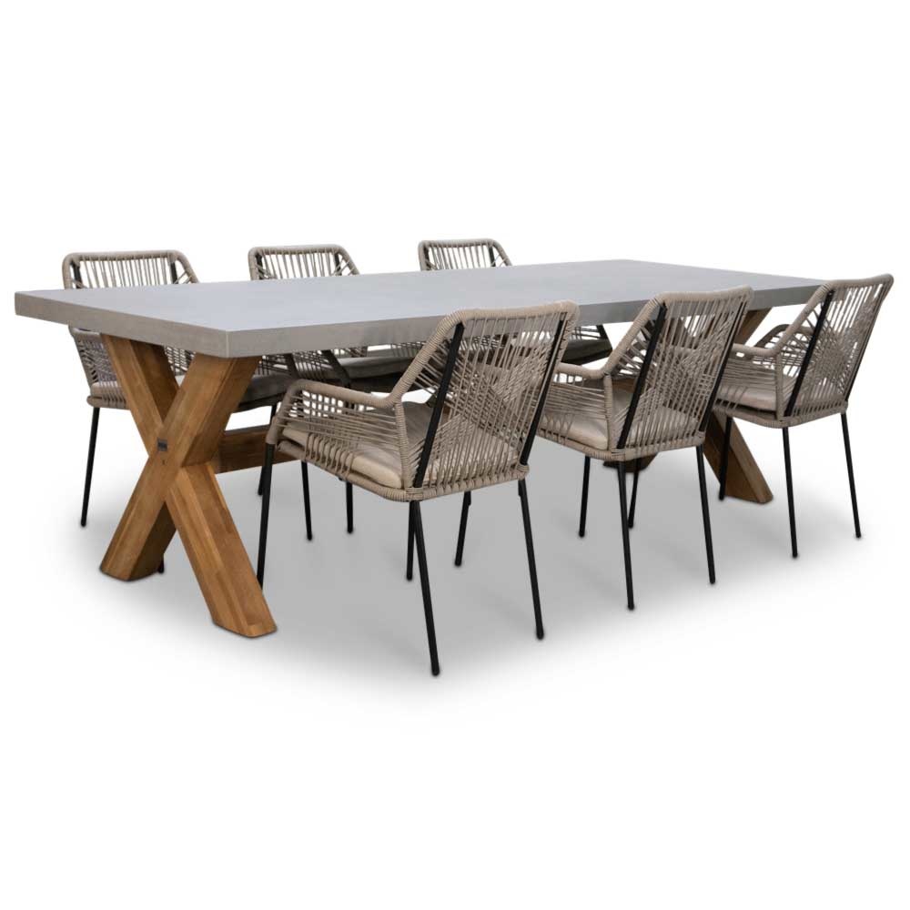 Norwich/Seville zand dining tuinset | 6 personen | betonlook + touw | 250cm afbeelding