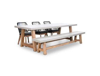 Veltis/Seville zwart hout stoel-bank dining tuinset | 6 personen | betonlook + touw | 250cm