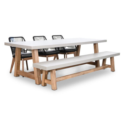 Veltis/Seville zwart hout stoel-bank dining tuinset | 6 personen | betonlook + touw | 250cm