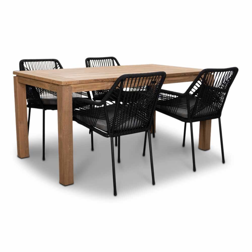 Eton/Seville zwart dining tuinset 5-delig | teakhout | 160cm
