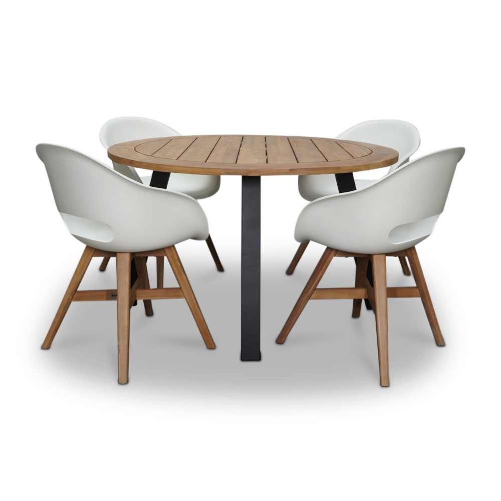 Cork/Karlstad wit dining tuinset | 4 personen | hardhout + staal | 130cm rond