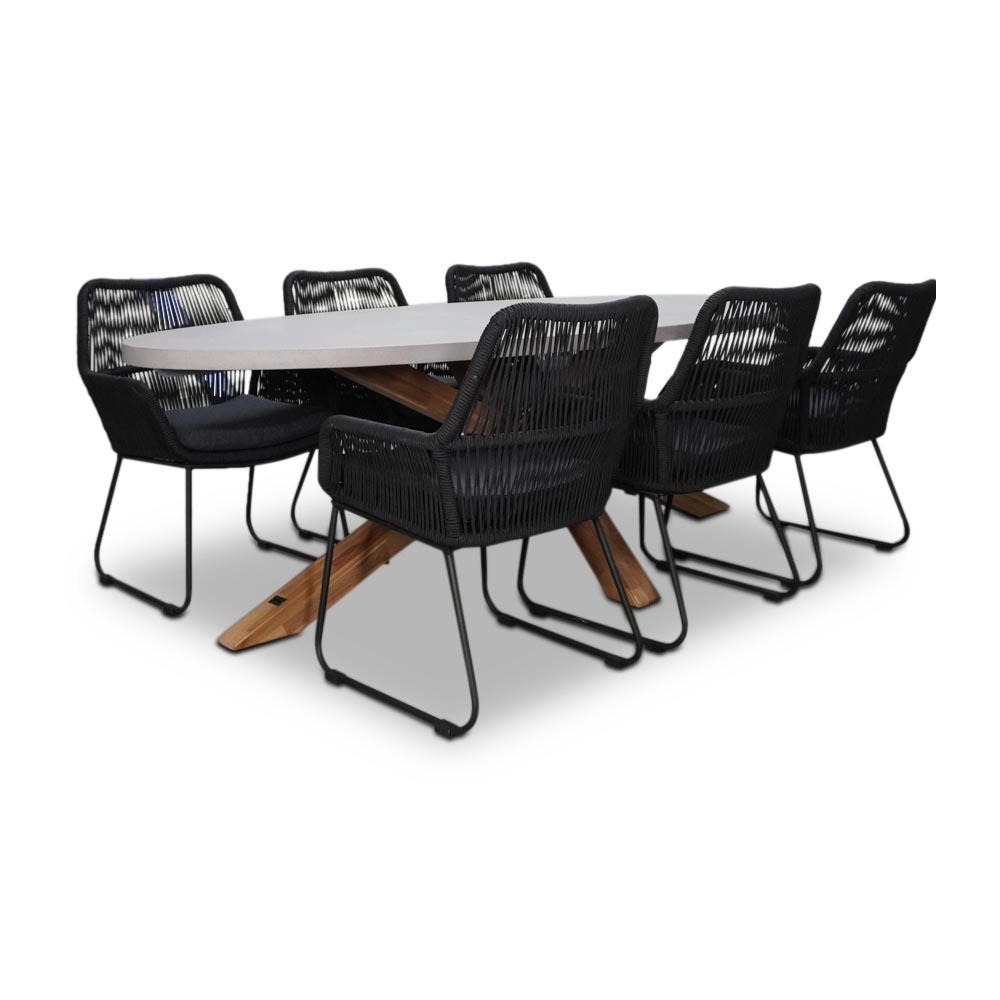 Livorno/Chester zwart dining tuinset 7-delig | betonlook + hardhout | ovaal | 240cm