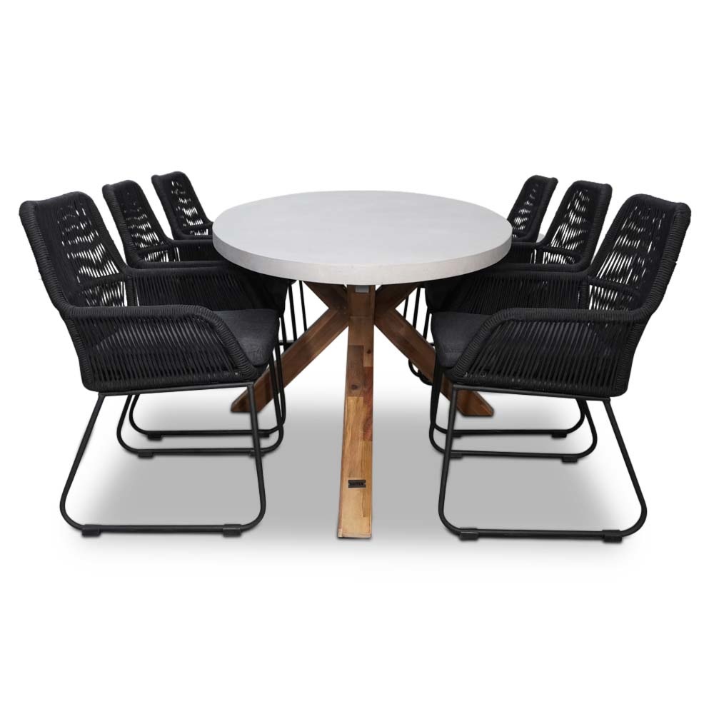 Livorno/Chester zwart dining tuinset 7-delig | betonlook + hardhout | ovaal | 240cm