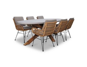 Livorno/Carlos taupe dining tuinset | 6 personen | betonlook + hardhout | 240cm