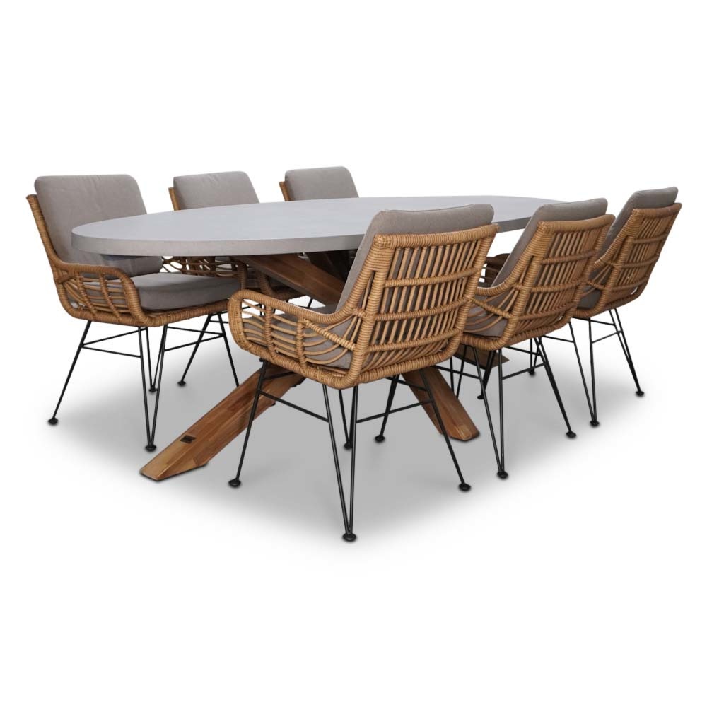 Livorno/Carlos taupe dining tuinset | 6 personen | betonlook + hardhout | 240cm afbeelding