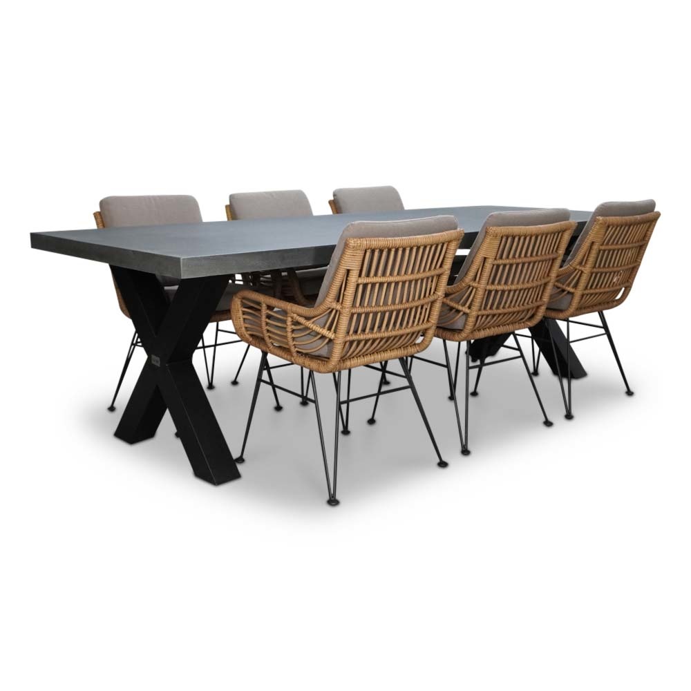 BUITEN living Lyon/Carlos taupe dining tuinset | 6 personen | betonlook + hardhout | 250cm – Zwart