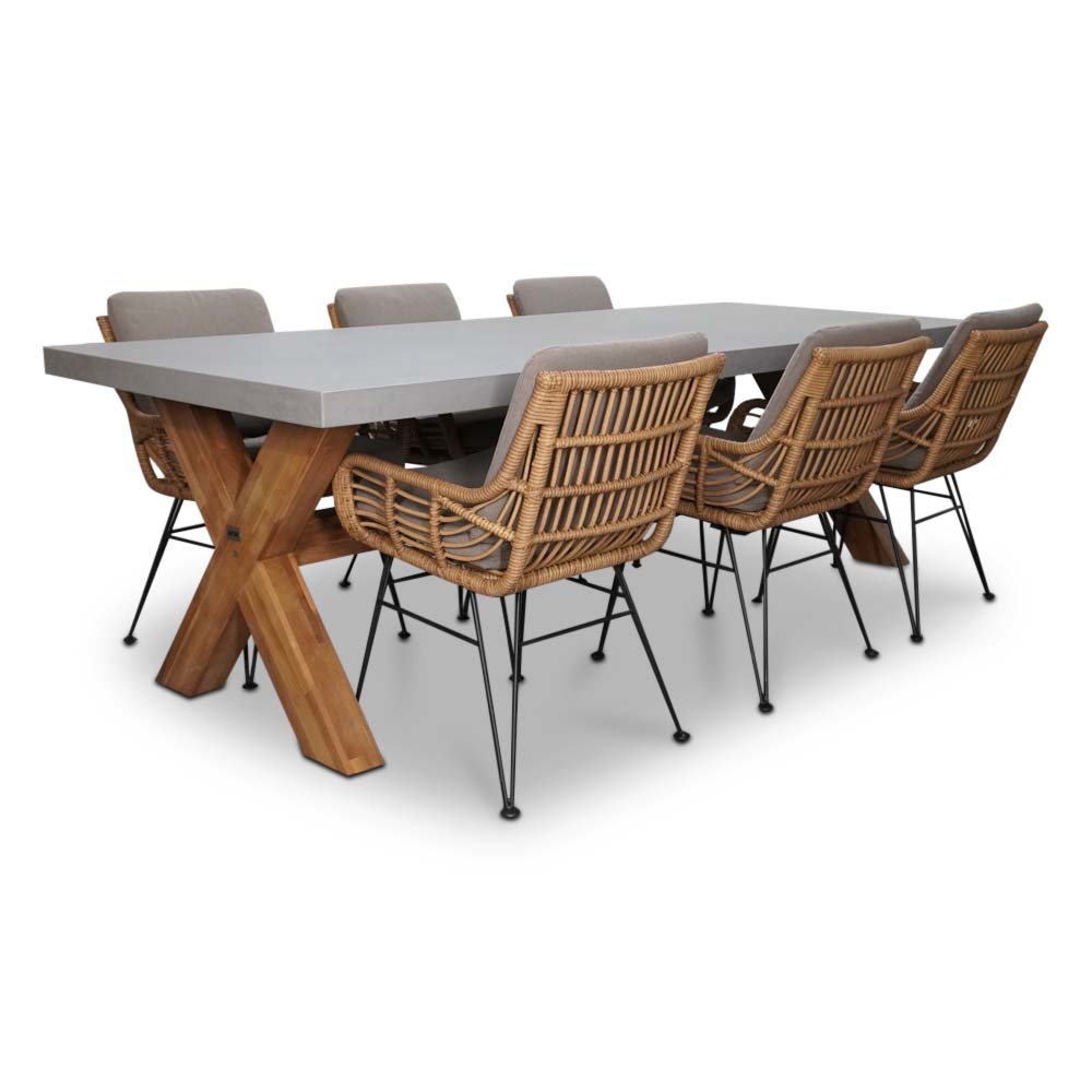 Norwich/Carlos taupe dining tuinset | 6 personen | betonlook + hardhout | 250cm