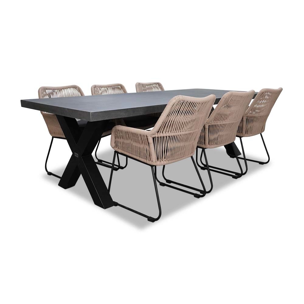 Lyon/Chester zand dining tuinset 7-delig | betonlook + rope | 250cm