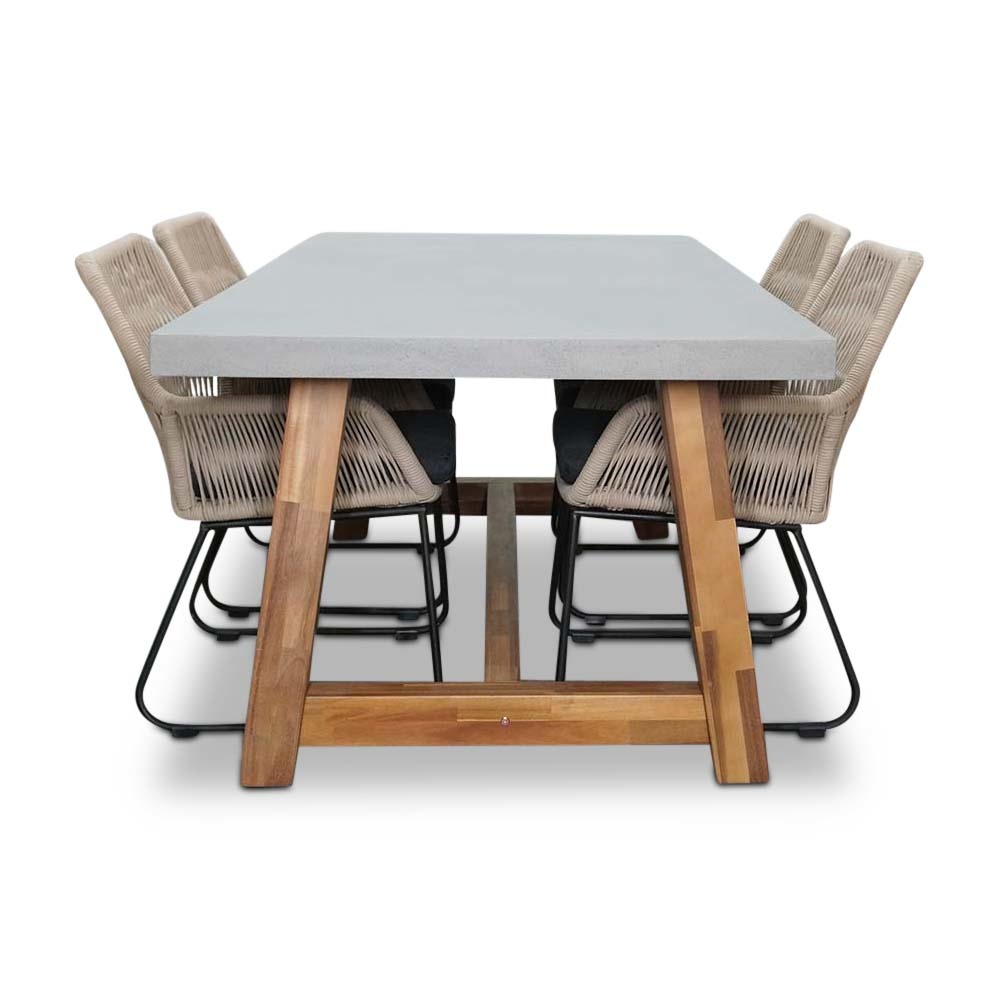 Veltis/Chester zand dining tuinset 5-delig | betonlook + hardhout | 200cm