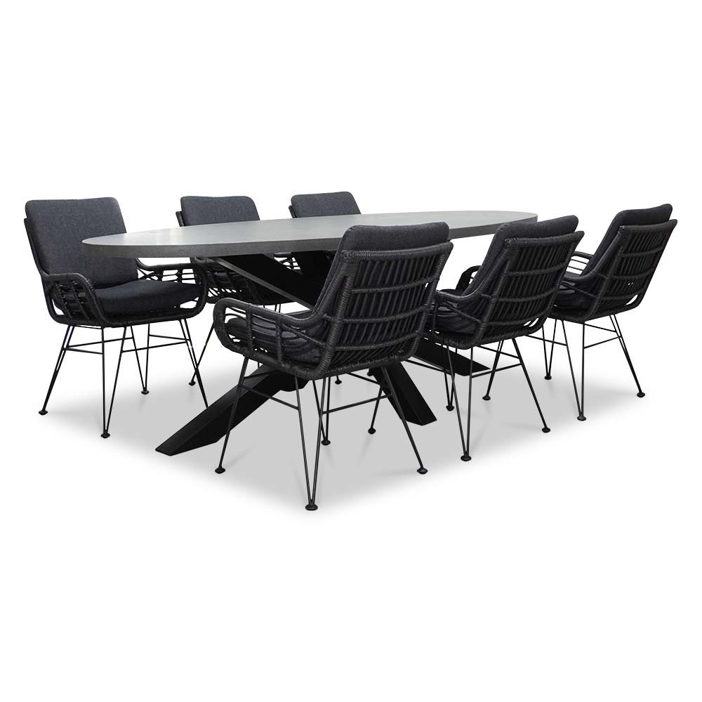 Stockholm/Carlos Charcoal dining tuinset 7-delig | betonlook + stalen kruispoot | 240cm